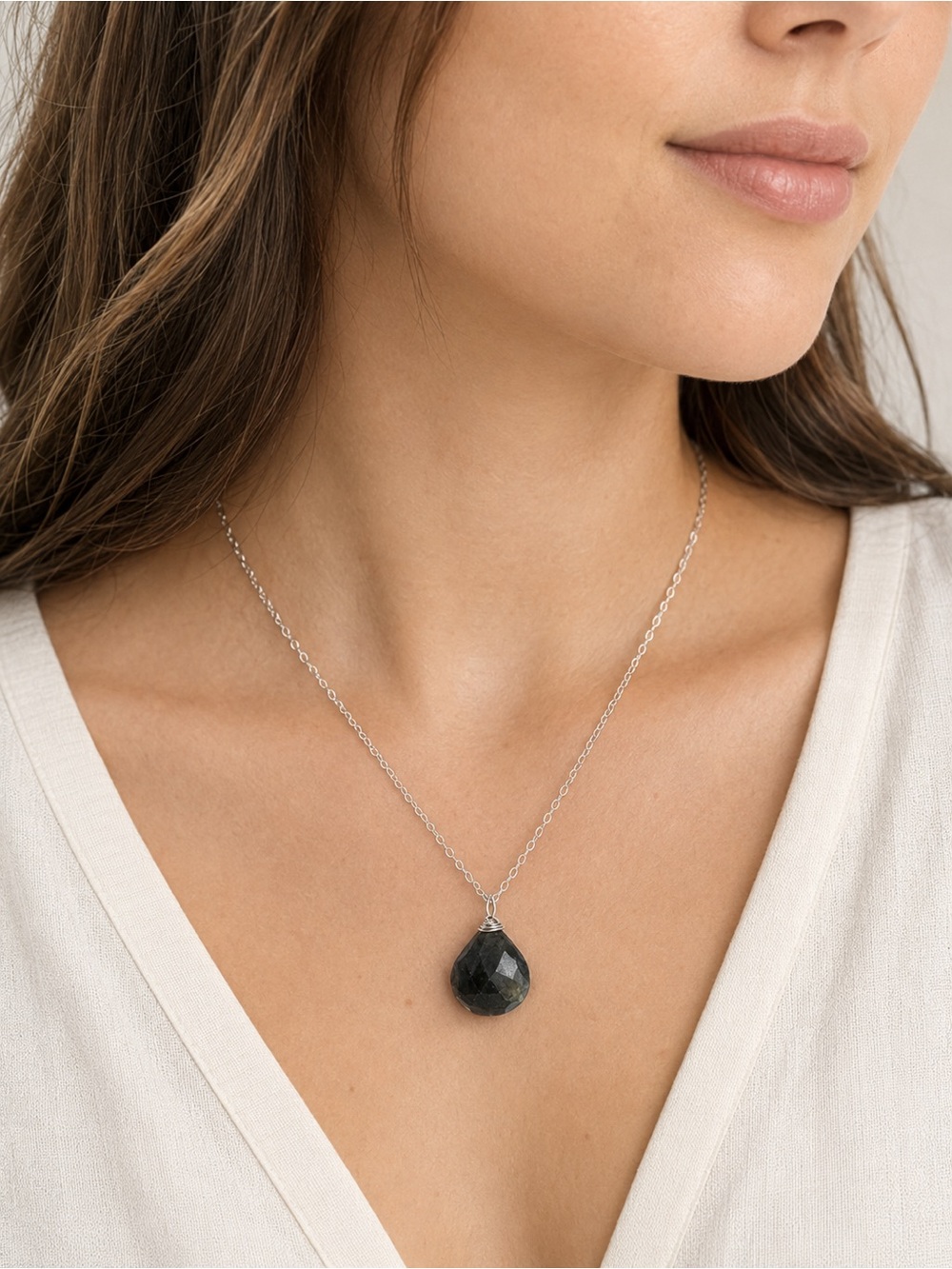 Faceted Labradorite Pendant Necklace 16” Silver Tone